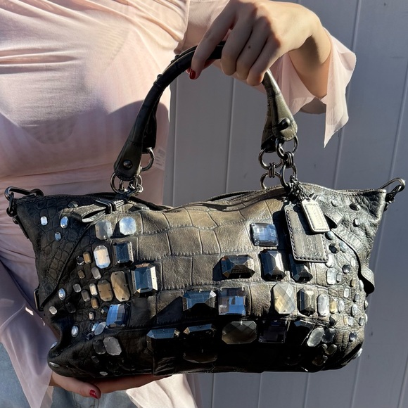 COACH MADISON GRAY JEWLED CROC - Picture 1 of 7